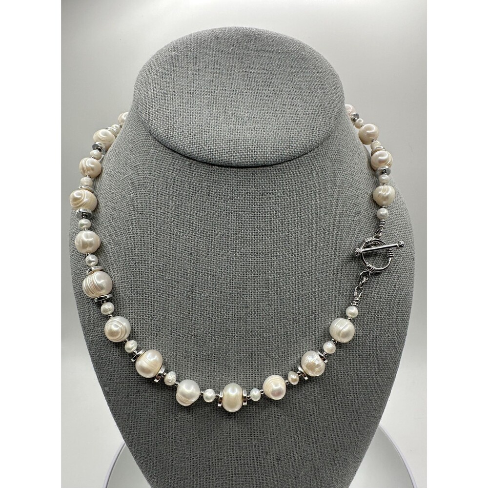 Handmade Chunky Baroque Pearl Necklace, Hematite Accent, Boho Beach Style